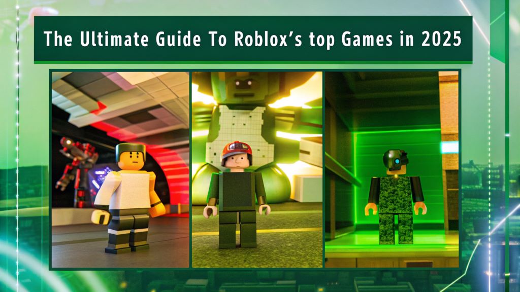 Cover image for The Ultimate Guide to Roblox's Top Games in 2025 featuring popular Roblox characters, vibrant gaming worlds, and futuristic graphics