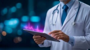 Doctor in white coat using tablet to access patient records in a modern clinic