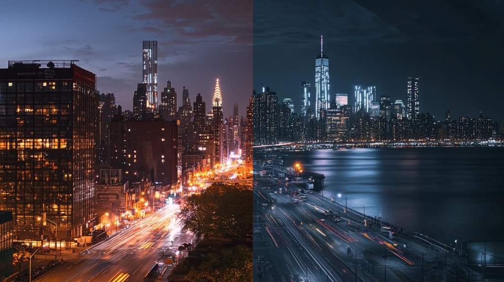 Step-by-step interface screenshot showing AI noise reduction tool in action on a grainy landscape.