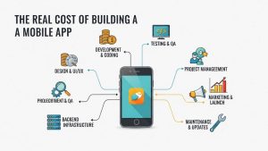 Comparison infographic of hourly development rates by region showing North American, European, and Asian mobile app developer costs
