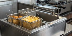 Industrial fryer in a busy commercial kitchen producing golden fries