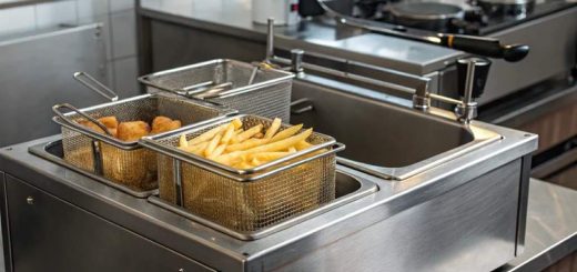 Industrial fryer in a busy commercial kitchen producing golden fries