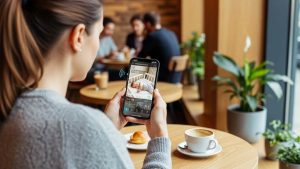Parent checking remote controlled baby monitor app on smartphone while away from home
