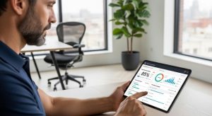 Business owner reviewing digital workflow automation dashboard showing productivity metrics and task management on tablet screen