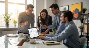 Small business team collaborating around laptop computer implementing new workoo technology management software in modern office