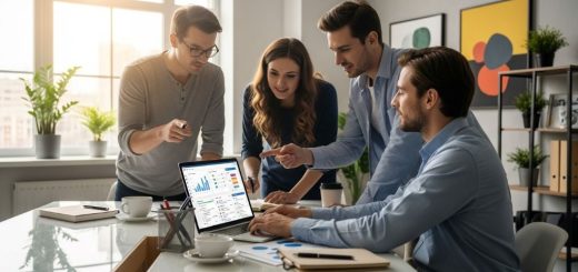 Small business team collaborating around laptop computer implementing new workoo technology management software in modern office