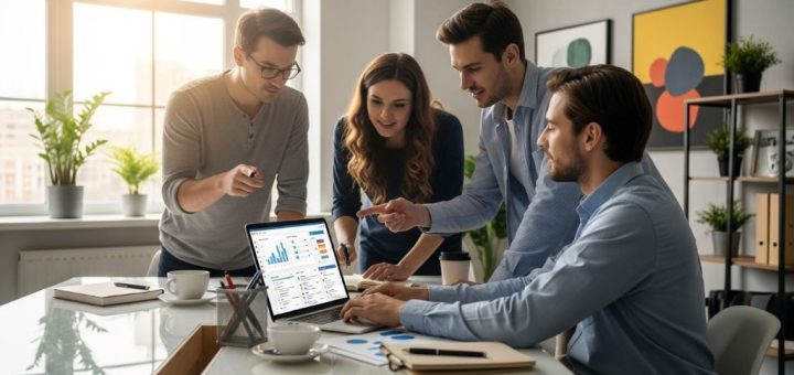 Small business team collaborating around laptop computer implementing new workoo technology management software in modern office