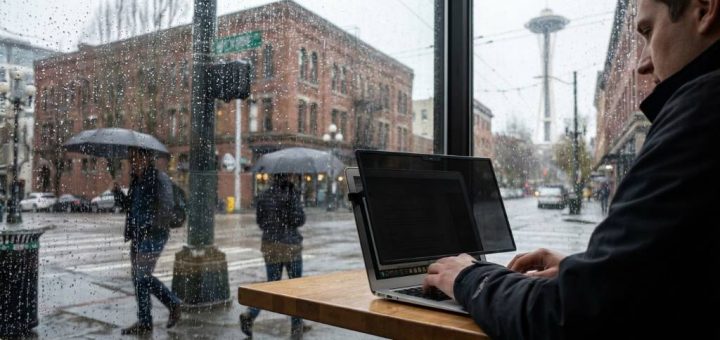 Remote worker securing WiFi network in Seattle home office