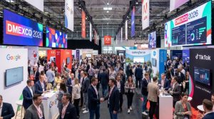 Thousands of digital marketing professionals networking on the busy exhibition floor at DMEXCO 2026 inside Koelnmesse, Cologne, with branded exhibitor stands and large digital screens in the background
