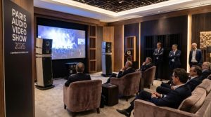 High-end speaker and home cinema demonstration room at Paris Audio Video Show 2026