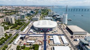 Aerial view of Altice Arena in Lisbon's Parque das Nações district, venue for Web Summit 2026