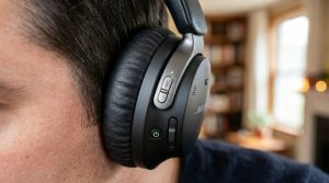 Close up of premium bluetooth headphones showcasing plush leather ear cushions and noise canceling controls.