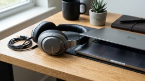 Premium black over-ear bluetooth headphones resting on a modern wooden desk next to a laptop.