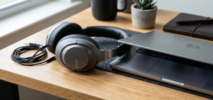 Premium black over-ear bluetooth headphones resting on a modern wooden desk next to a laptop.