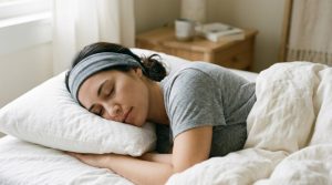 A person sleeping on their side wearing flat sleep headphones.