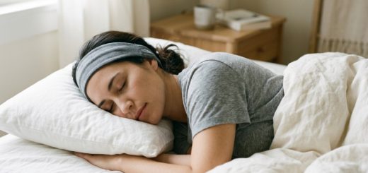 A person sleeping on their side wearing flat sleep headphones.