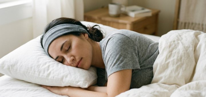 A person sleeping on their side wearing flat sleep headphones.