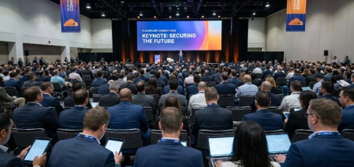 Technology leaders and security professionals attending a keynote session at Cloudflare Connect 2026 inside Moscone West in San Francisco, California
