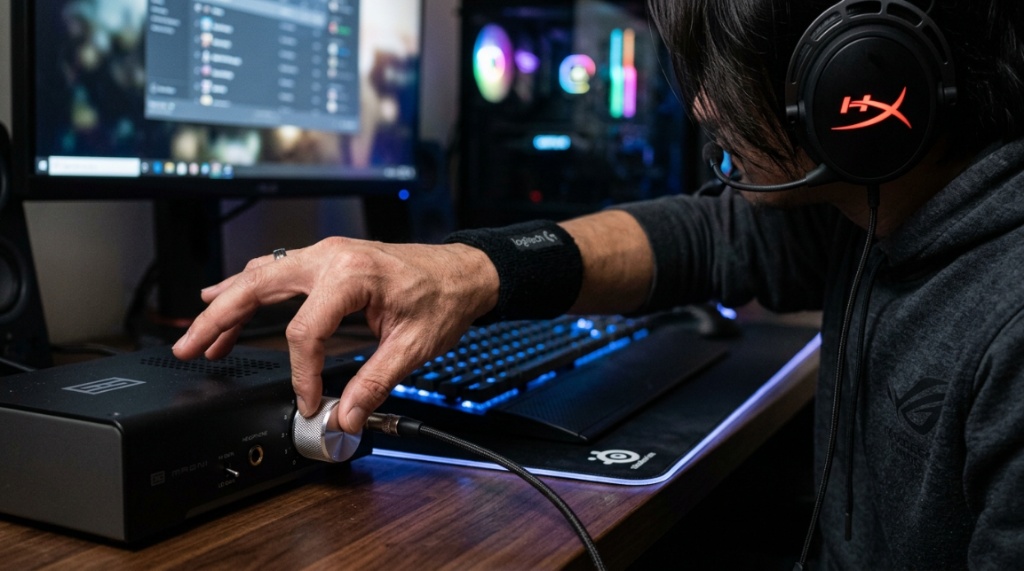 Gamer adjusting the volume knob on a desktop headphone amplifier.