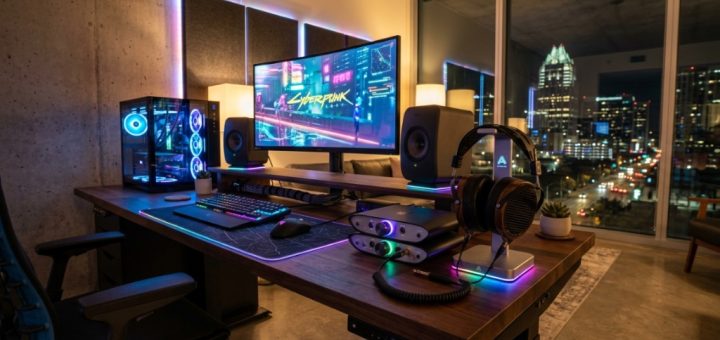 Sleek gaming DAC and headphone amplifier glowing with RGB lights on a desk.